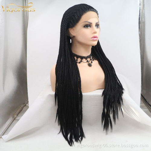 Long straight black brown cheap wholesale high guality heat resistant synthetic braided wig with lace front